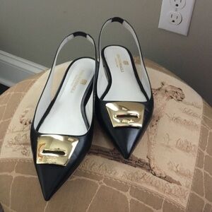 Bruno Magli Black and Gold Pointed Loafers